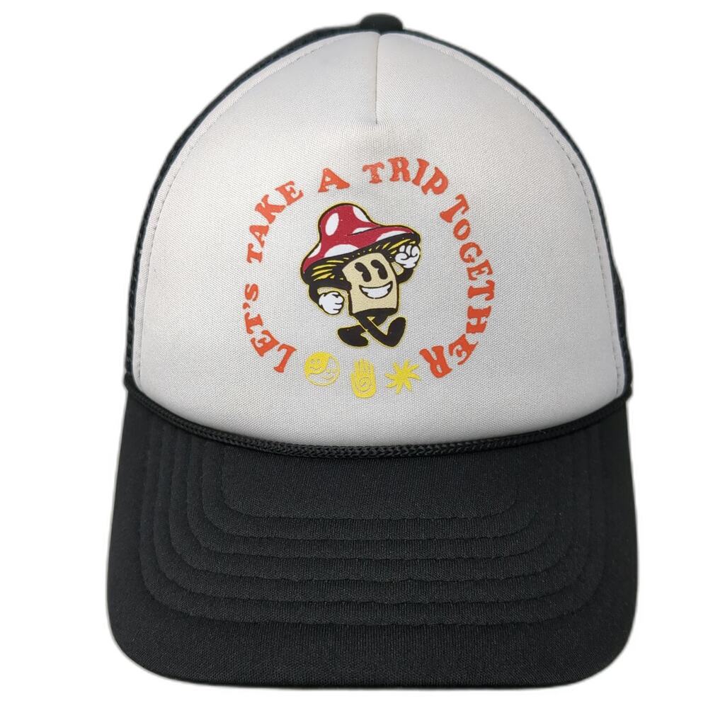 Coney Island Picnic Trucker Hat Black One Size Mushroom Graphic Trip Together